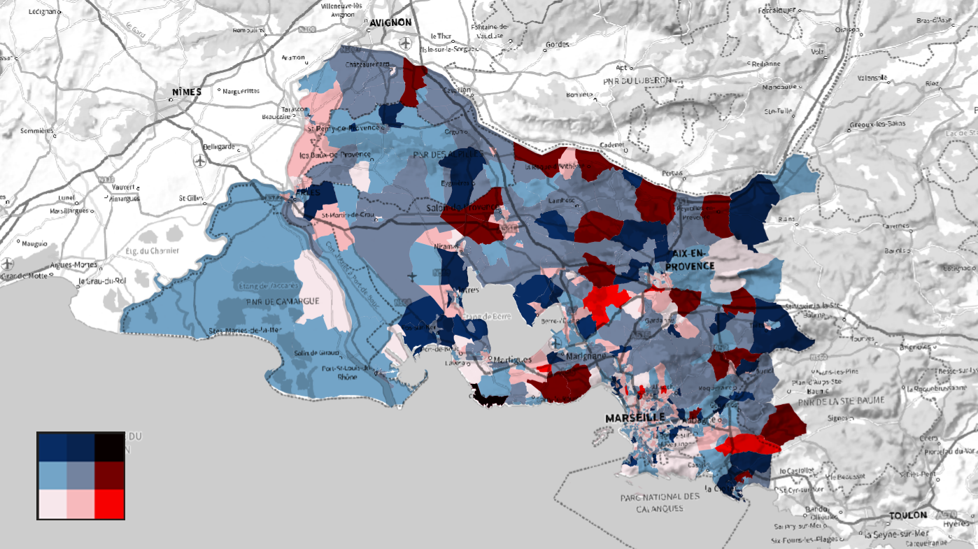 carte choroplèthe :  Analyse bivariée pour observer deux variables quantitatives sur une seule carte et mettre en avant des corrélations 